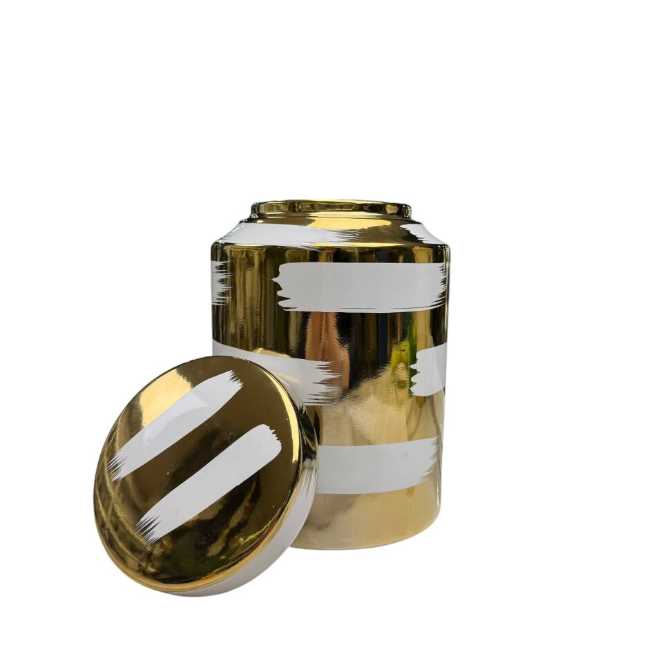 DEKORATİF BEYAZ GOLD ÇİZGİLİ SERAMİK KAPAKLI VAZO