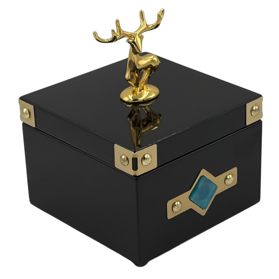 Geyikli Siyah Kare Dekoratif Kutu