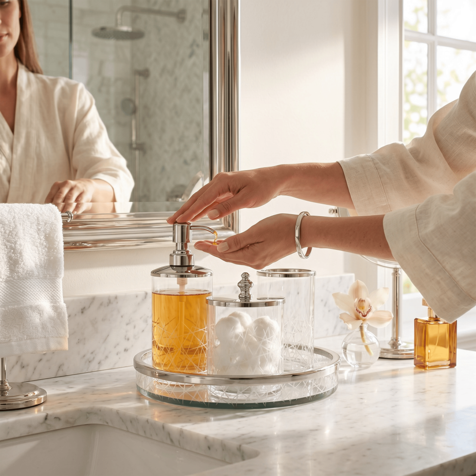 GÜMÜŞ ÇİZGİLİ CAM BANYO SETİ 4 PARÇA