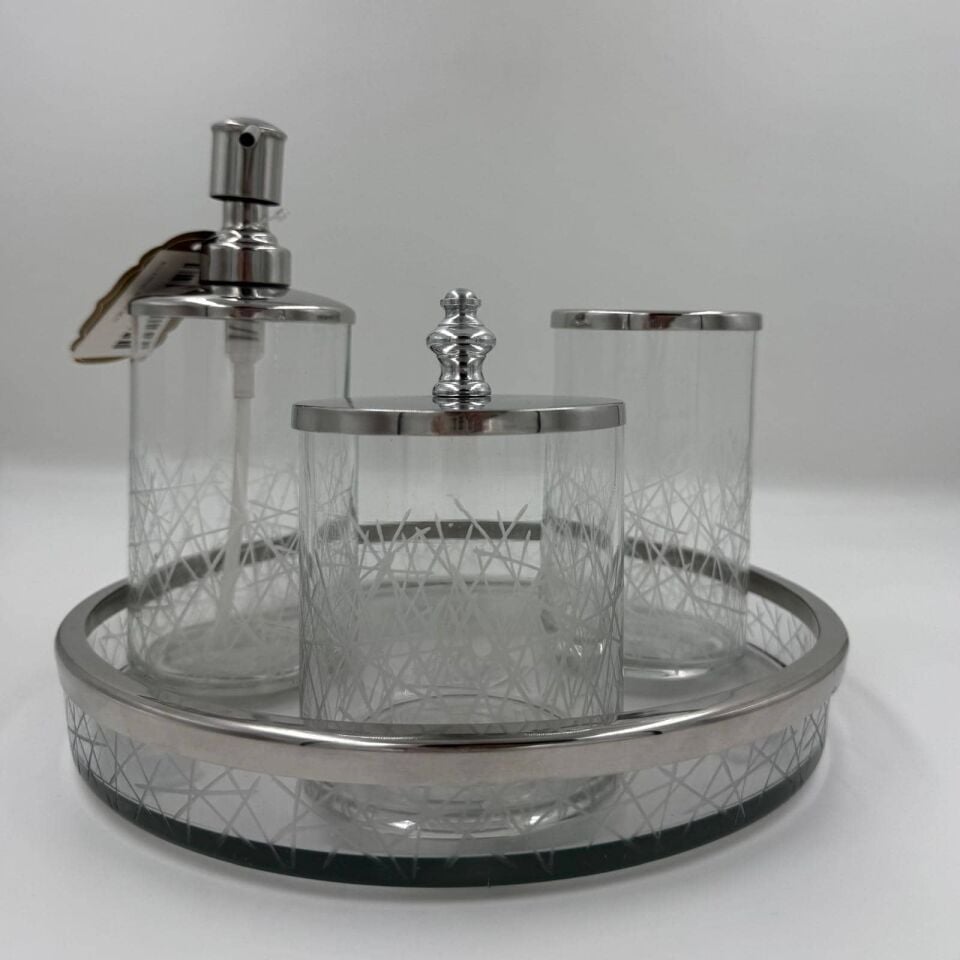 GÜMÜŞ ÇİZGİLİ CAM BANYO SETİ 4 PARÇA