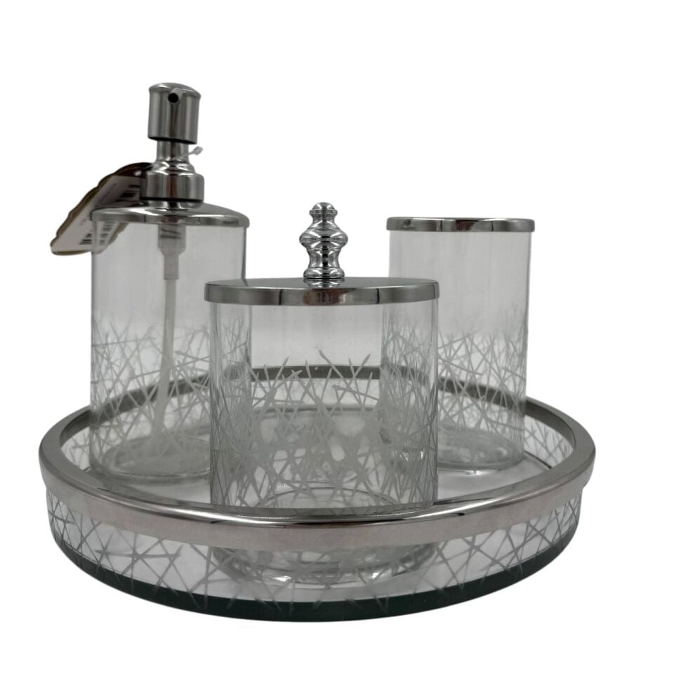 GÜMÜŞ ÇİZGİLİ CAM BANYO SETİ 4 PARÇA