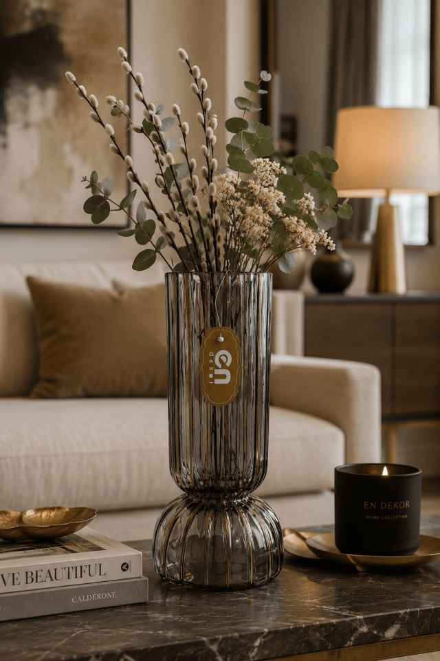 DEKORATİF FÜME GOLD ÇİZGİLİ CAM VAZO