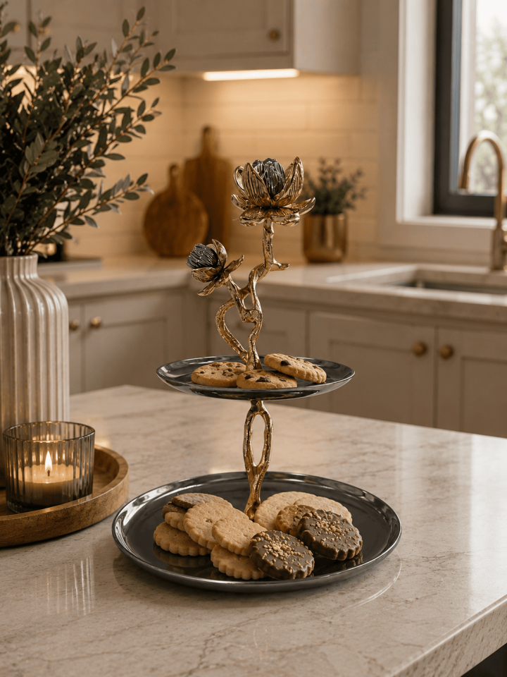 ÇİÇEK DETAYLI 2 KATLI DEKORATİF SUNUMLUK