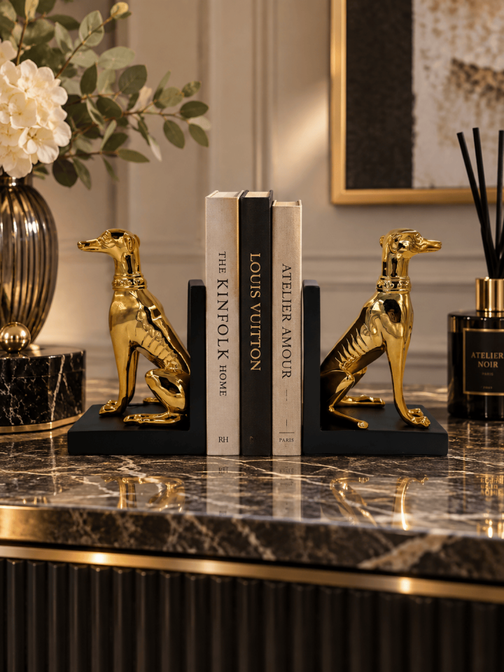 GOLD DÖKÜM KÖPEK FİGÜRLÜ KİTAP TUTUCUv