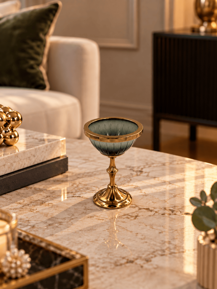 GOLD YEŞİL CAM AYAKLI MUMLUK