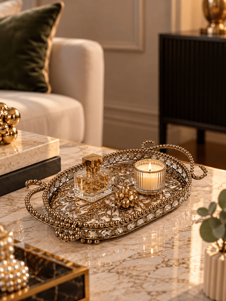 GOLD ÇİÇEK DESENLİ AYNALI DEKORATİF TEPSİ