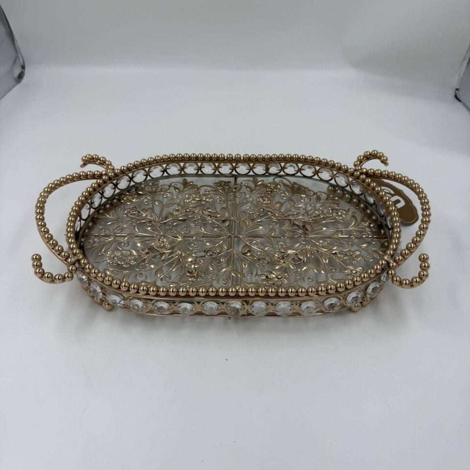 GOLD ÇİÇEK DESENLİ AYNALI DEKORATİF TEPSİ