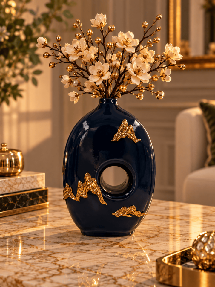LACİVERT GOLD POLYESTER DEKORATİF VAZO BÜYÜK