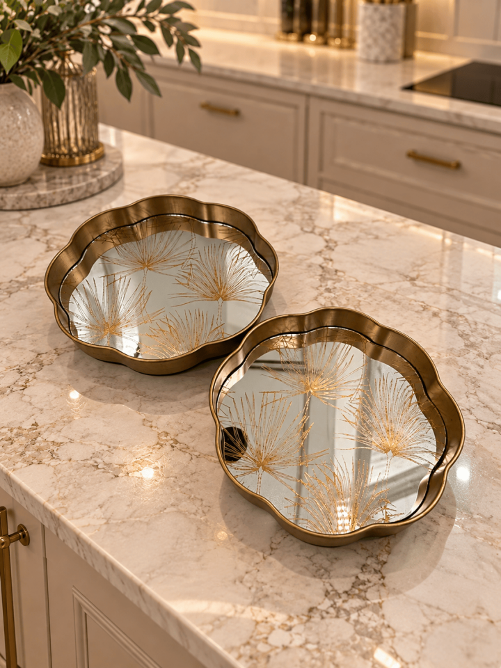 GOLD ÇİÇEK DESENLİ AYNALI TEPSİ