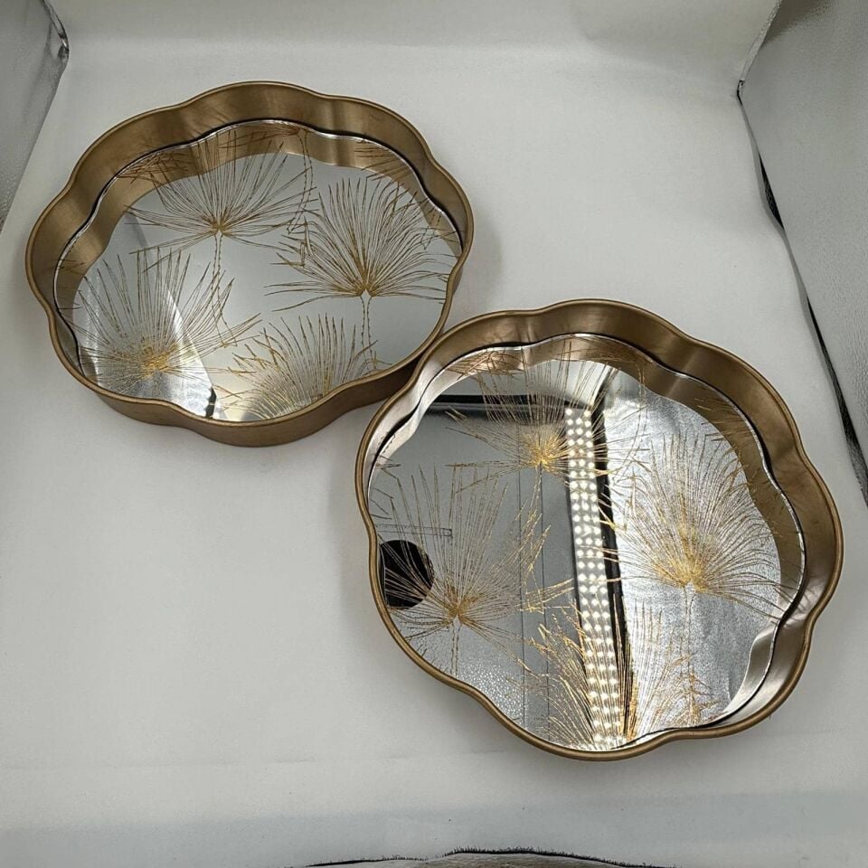 GOLD ÇİÇEK DESENLİ AYNALI TEPSİ