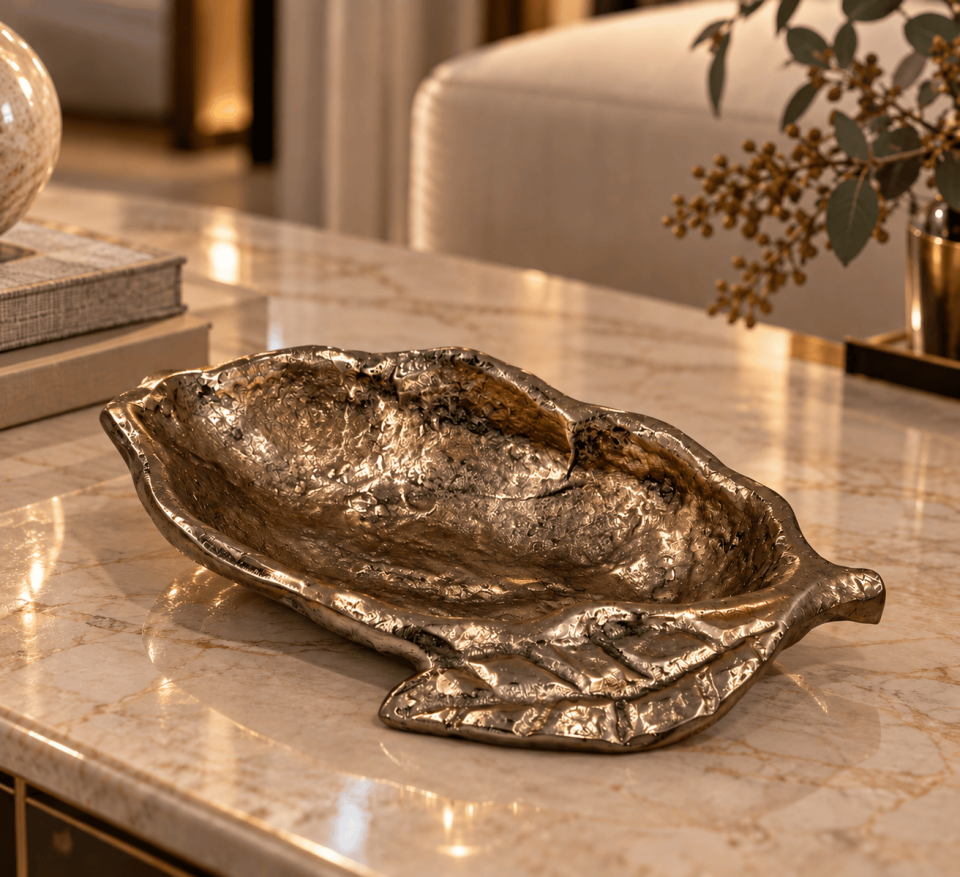 ANTİK GOLD YAPRAK FORMLU BÜYÜK DÖKÜM DEKORATİF KASE