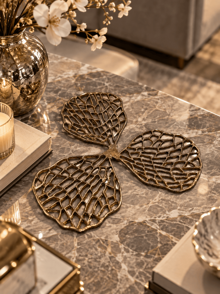 GOLD ÜÇLÜ YAPRAK DESENLİ DEKORATİF SUNUMLUK
