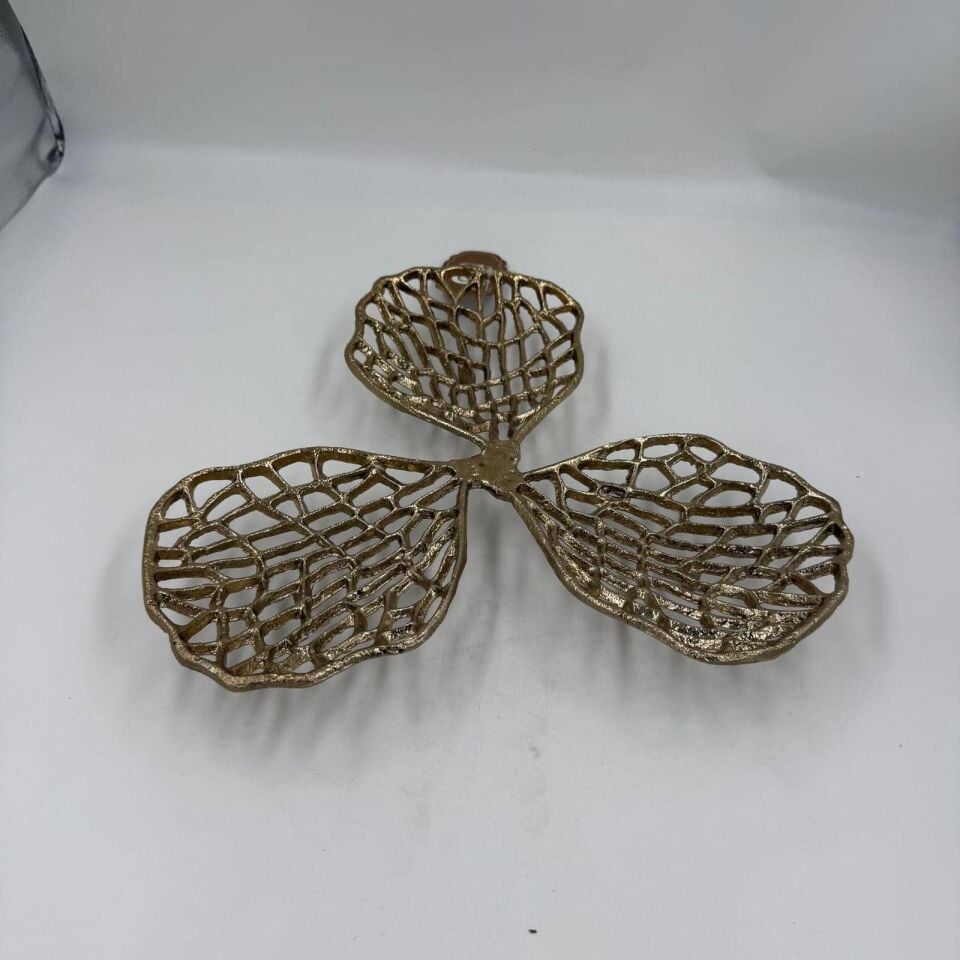 GOLD ÜÇLÜ YAPRAK DESENLİ DEKORATİF SUNUMLUK