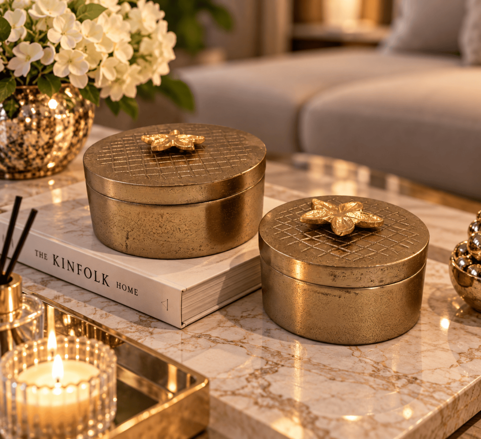 GOLD ÇİÇEK DETAYLI 2'Lİ DÖKÜM DEKORATİF KUTU