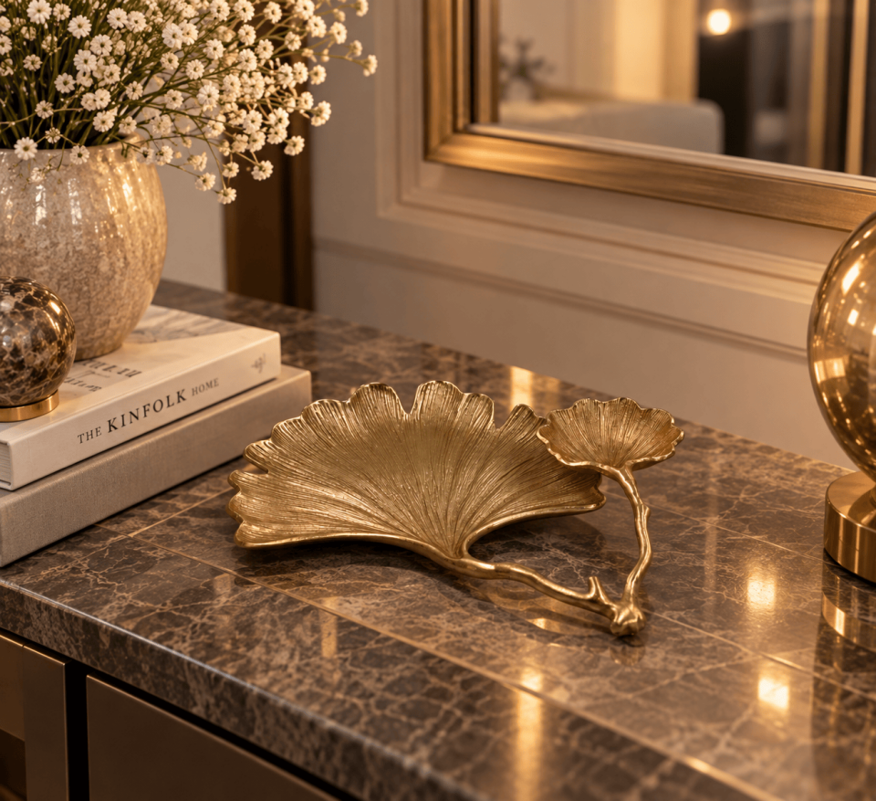 GOLD DÖKÜM GİNKGO YAPRAKLI DEKORATİF TABAK