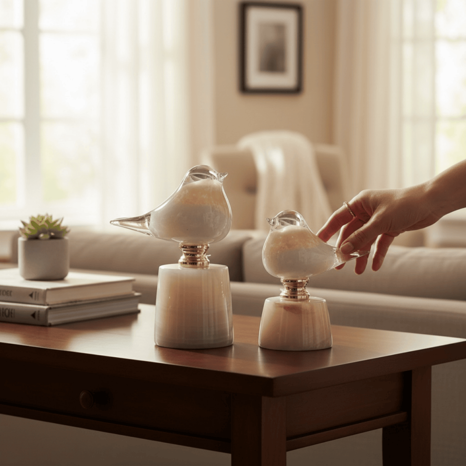 2'Lİ MERMER KAİDELİ CAM KUŞ DEKORATİF OBJE