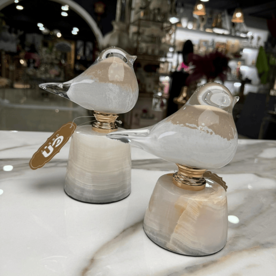 2'Lİ MERMER KAİDELİ CAM KUŞ DEKORATİF OBJE