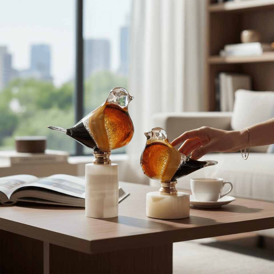 2'Lİ MERMER KAİDELİ CAM KUŞ DEKORATİF OBJE