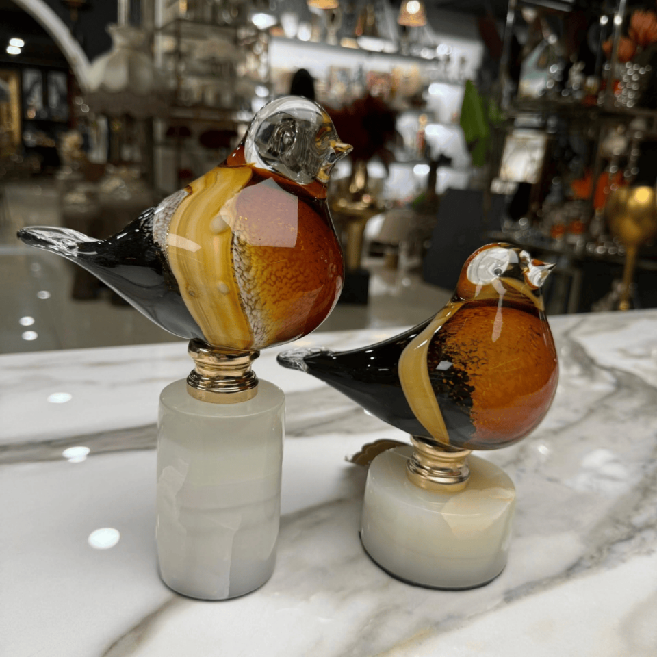 2'Lİ MERMER KAİDELİ CAM KUŞ DEKORATİF OBJE