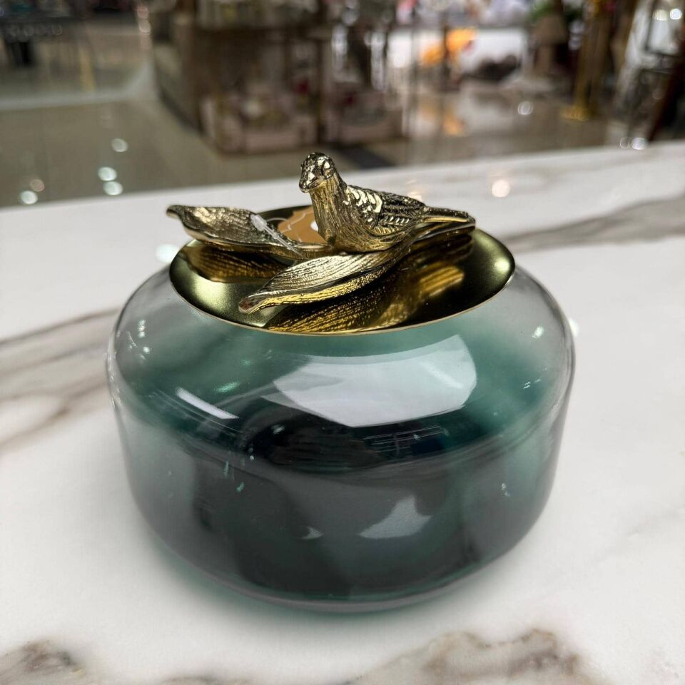 KUŞ FİGÜRLÜ KAPAKLI CAM DEKORATİF KUTU