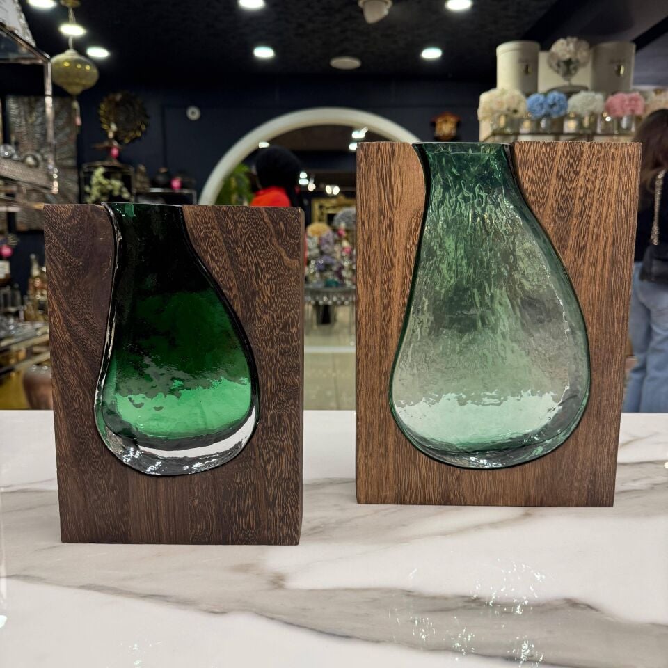 AHŞAP & CAM DEKORATİF VAZO (2’Lİ SET)