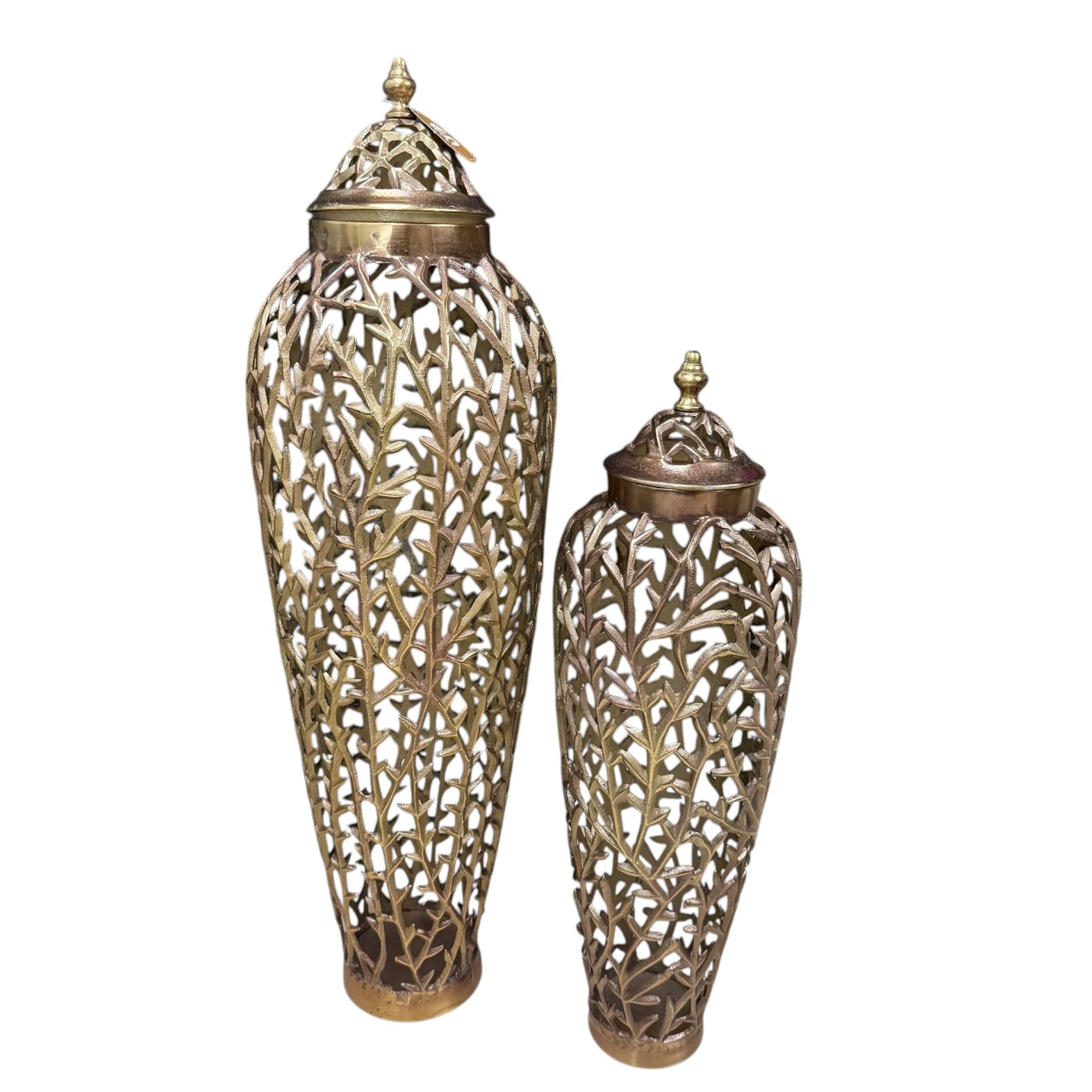 METAL AJURLU KAPAKLI VAZO (2’Lİ SET – DAL FORMLU)