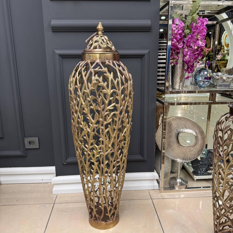 METAL AJURLU KAPAKLI VAZO (2’Lİ SET – DAL FORMLU)