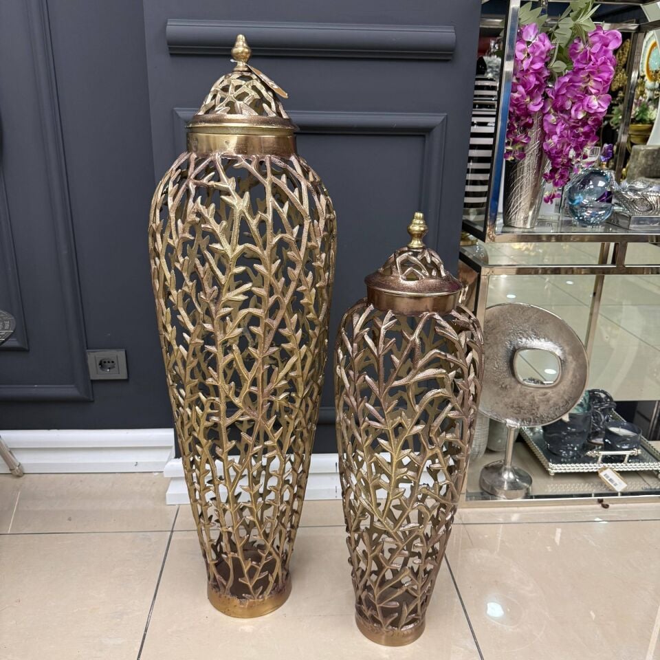 METAL AJURLU KAPAKLI VAZO (2’Lİ SET – DAL FORMLU)