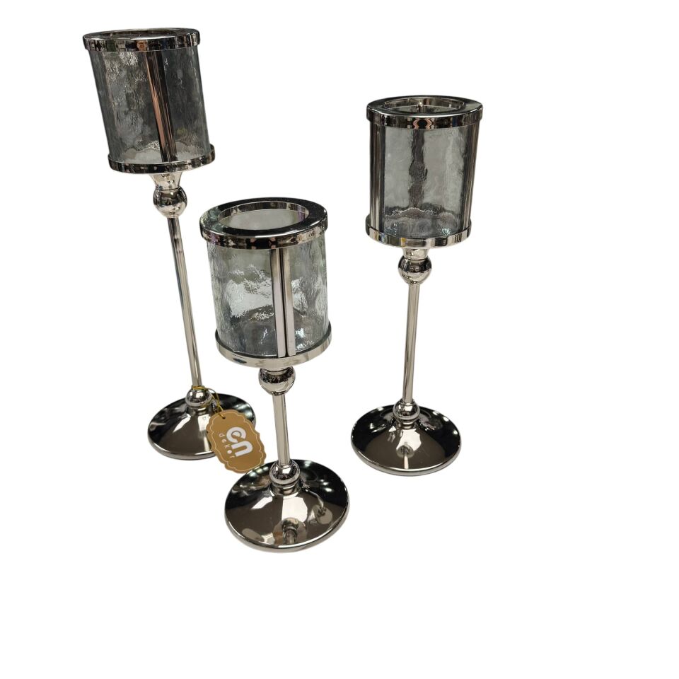 3'LÜ GÜMÜŞ METAL AYAKLI YUVARLAK CAM MUMLUK SETİ