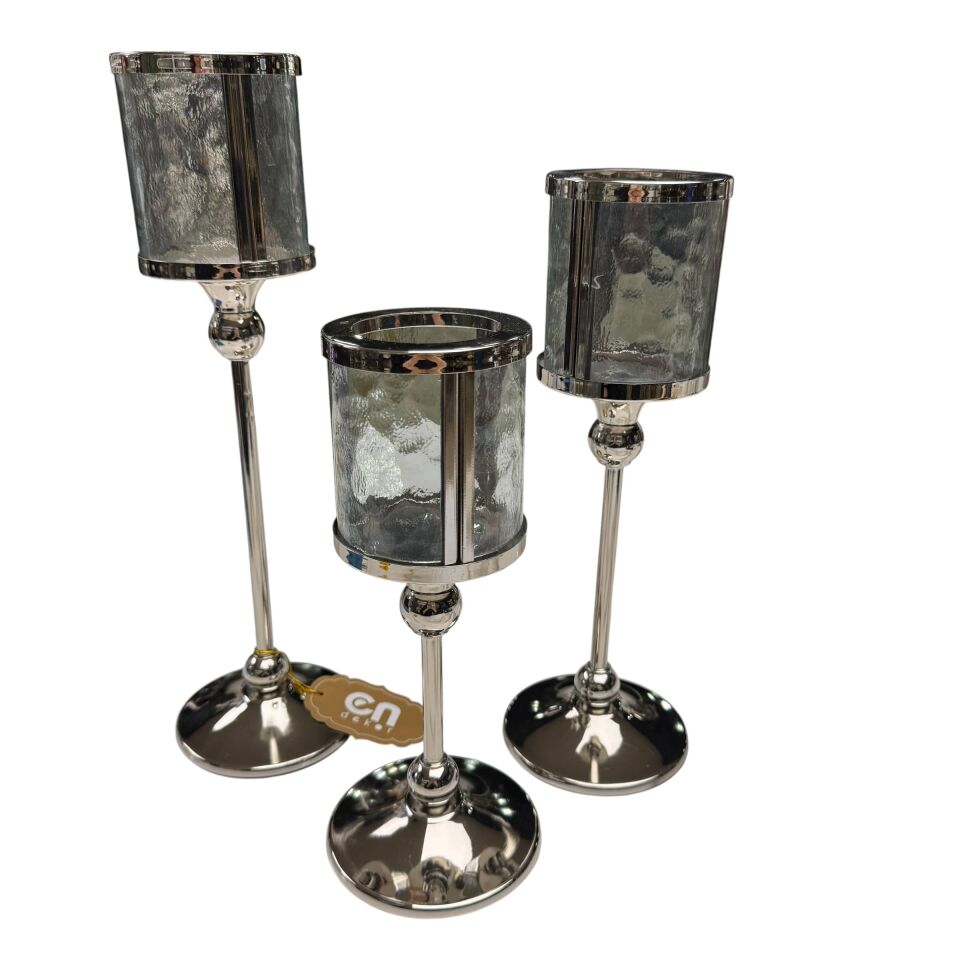 3'LÜ GÜMÜŞ METAL AYAKLI YUVARLAK CAM MUMLUK SETİ