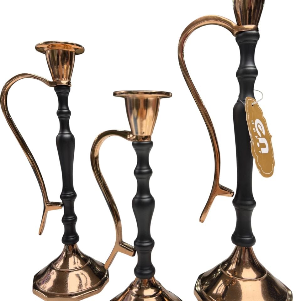3'LÜ SİYAH & GOLD METAL ŞAMDAN MUMLUK SETİ