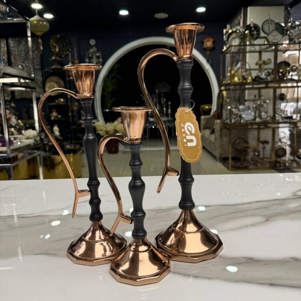 3'LÜ SİYAH & GOLD METAL ŞAMDAN MUMLUK SETİ